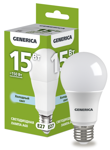 Лампа светодиодная A60 груша 15Вт 230В 6500К E27 GENERICA