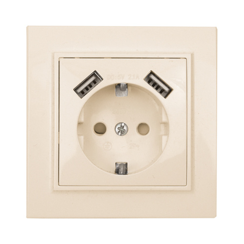 Минск Розетка 1-местная СП с/з 16А бежевая с защ. штор. с 2 USB 2,1А EKF