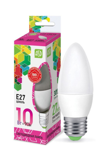Лампа светодиодная LED-СВЕЧА-standard 10Вт 230В Е27 6500К 900Лм  ASD