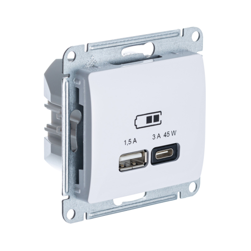 Розетка USB А + тип-С 45Вт высокоскорост. зарядка QC, PD, механизм, БЕЛЫЙ, GLOSSA