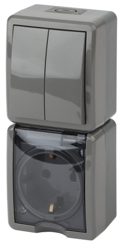 Блок розетка с выключателем ЭРА Эксперт 11-7408-03 двойным вертикальным IP54 16A-10AX-250В ОУ серый