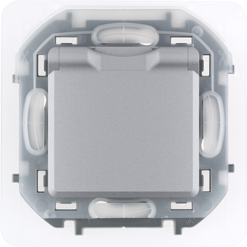 Розетка 1-местная с заземлением с защитными шторками и крышкой 16А IP44 алюминий INSPIRIA