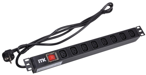 PDU 8 розеток C13 с LED выключателем,1U, шнур 2м вилка нем.стандарт ITK