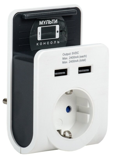 Адаптер Т-02/01 1 место с заземлением 16А 2хUSB 2,4А с подставкой белый IEK