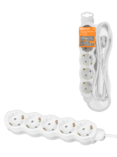 Удлинитель бытовой "Люкс" 5 гнезд, 2 м, с/з, с з/ш, ПВС 3х1 мм2, 16 А, 250 В, 3500 Вт TDM У1-53054