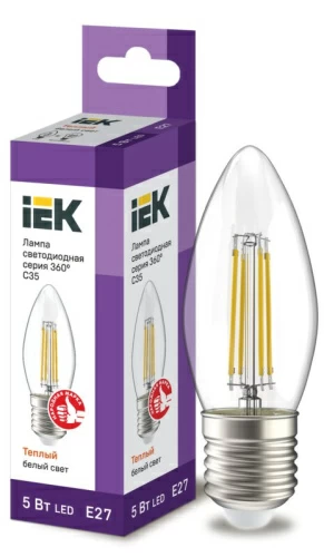 Лампа светодиодная C35 свеча прозр. 5Вт 230В 3000К E27 серия 360° IEK