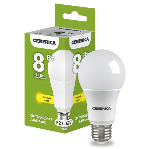 Лампа светодиодная A60 груша 8Вт 230В 3000К E27 GENERICA