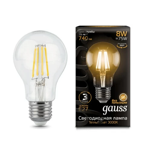 Лампа Gauss LED Filament A60 E27 8W 2700К 1/10/40