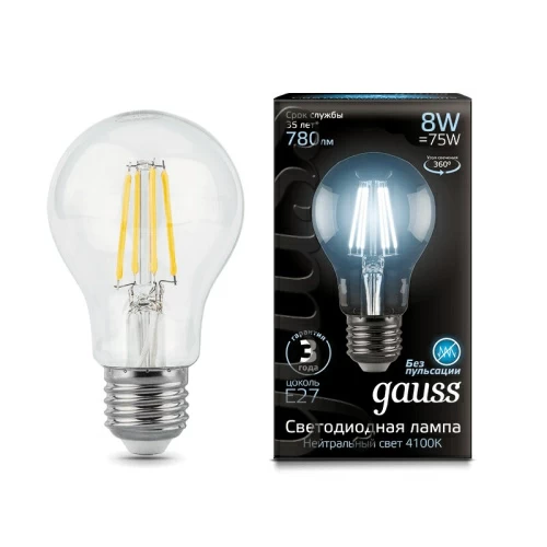 Лампа Gauss LED Filament A60 E27 8W 4100К 1/10/40