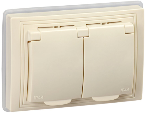 Розетка 2-местная с заземлением с защитными шторками с крышкой 16А IP44 РСбш12-3-ККм-44 кремовый KVA