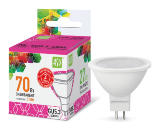 Лампа светодиодная LED-JCDR-standard 7.5Вт 230В GU5.3 6500К 675Лм  ASD