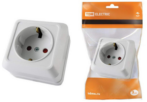 Розетка 2П+З открытой установки с з/ш IP20 16А, белая "Ладога" TDM