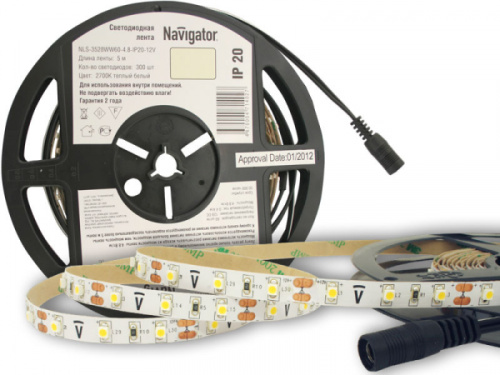 Светодиодная лента Navigator NLS-3528WW60-4.8-IP20-12V R5 тепл. белый
