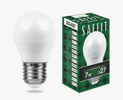 Лампа светодиодная, 7W 230V E27 4000K G45, SBG4507