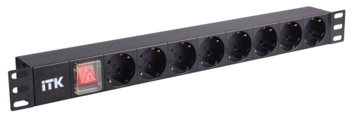 PDU 8 розеток нем. стандарт, с LED выключателем,1U, без шнура, вх. C14, алюминиевый профиль ITK
