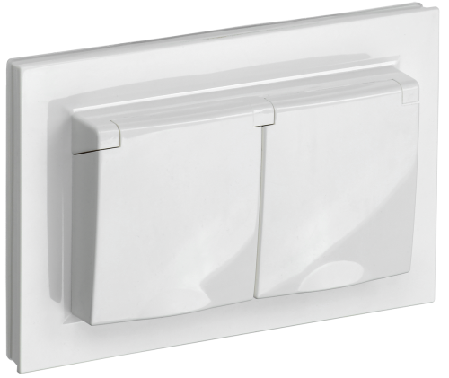 Розетка 2-местная с заземлением с защитными шторками и крышкой 16А в сборе IP44 РСбш12-3-44-БрБ белы