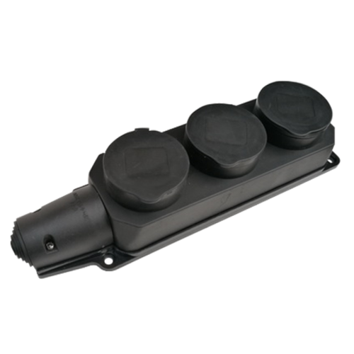 Розетка тройная с заземлением каучук с заглушками 16А IP44 черная 9323 IN HOME