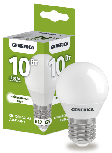 Лампа светодиодная G45 шар 10Вт 230В 4000К E27 GENERICA