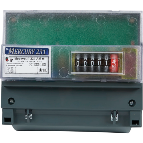 Счетчик Меркурий 231 АМ-01 3ф 5-60А 1 класс точн.;1 тариф.;имп.вых.мех.креп.DIN-рейка Инкотекс