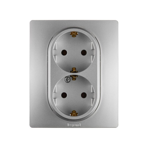 Розетка 2-местная с заземлением без защитных шторок 16А в сборе алюминий ETIKA