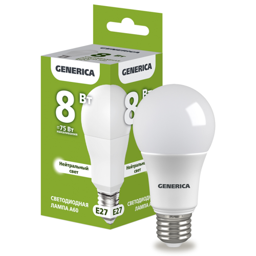 Лампа светодиодная A60 груша 8Вт 230В 4000К E27 GENERICA