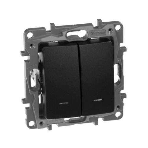 Выключатель 2-клавишный с подсветкой/индикацией схема 5L 10АХ безвинтовые зажимы антрацит ETIKA