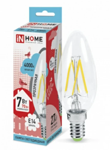 Лампа светодиодная LED-СВЕЧА-deco 7Вт 230В  Е14 4000К 630Лм прозрачная IN HOME