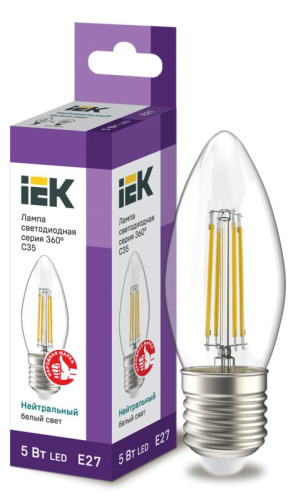 Лампа светодиодная C35 свеча прозрачная 5Вт 230В 4000К E27 серия 360° IEK