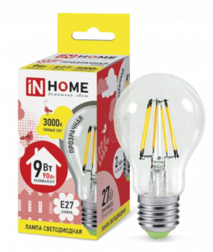 Лампа светодиодная LED-A60-deco 9Вт 230В  Е27 3000К 810Лм прозрачная IN HOME