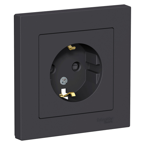 Розетка с заземлением со шторками, 16А, в сборе, КАРБОН