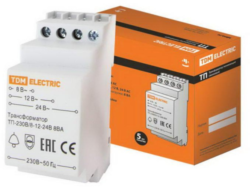 Трансформатор понижающий (звонковый) ТП-230В/8-12-24В  8ВА DIN-рейка TDM