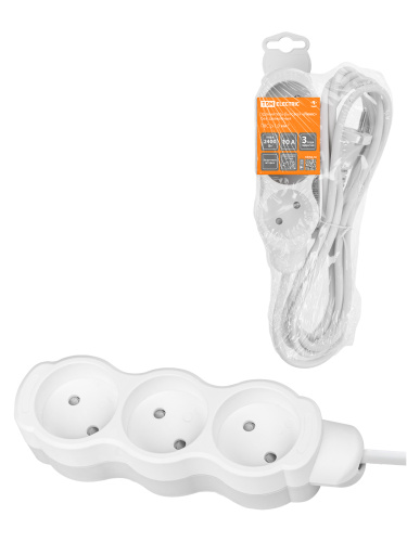 Удлинитель бытовой "Люкс" 3 гнезда, 10 м, б/з, с з/ш, ПВС 2х1,0 мм2, 10 А, 250 В, 2400 Вт TDM У-3201