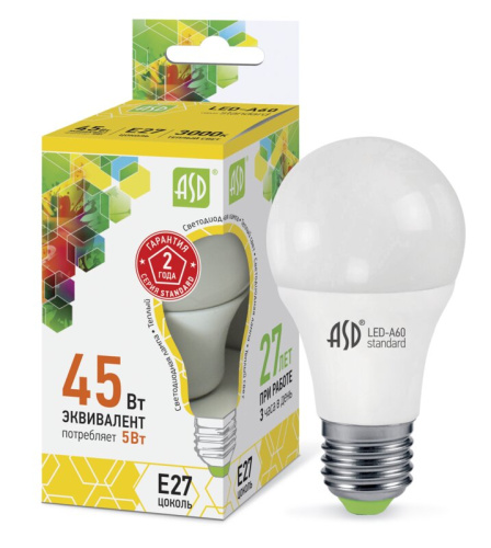 Лампа светодиодная LED-A60-standard 5Вт 230В Е27 3000К 450Лм  ASD