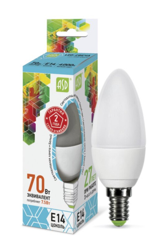 Лампа светодиодная LED-СВЕЧА-standard 7.5Вт 230В Е14 4000К 675Лм ASD  ASD
