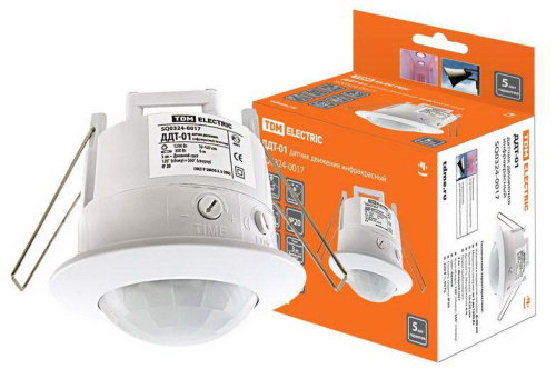 Датчик движения точечный ДДТ-01 1200Вт, 10-420с, 6м, 3+Лк, 120(сбоку)+360(сверху)гр IP20, TDM