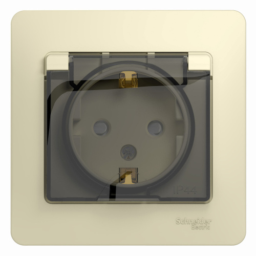 Розетка с заземлением со шторками с крышкой, 16А, IP44, в сборе, БЕЖЕВЫЙ GLOSSA