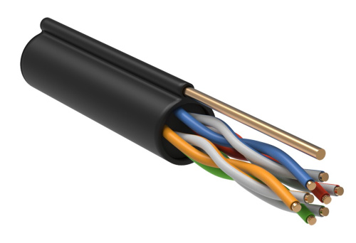 Витая пара U/UTP кат.5E 4х2х24AWG solid LDPE c металлическим тросом 1,2мм черный (305м) ITK