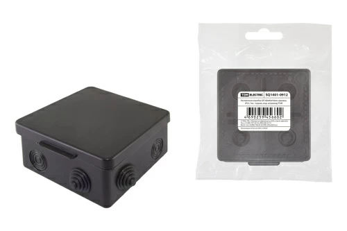 Распаячная коробка ОП 80х80х50мм, крышка, черная, IP54, 7вх. инд. штрихкод TDM