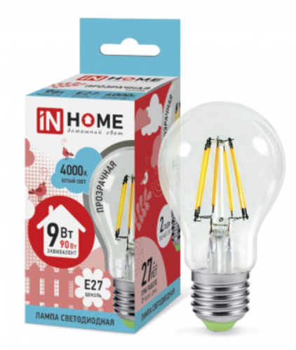 Лампа светодиодная LED-A60-deco 9Вт 230В  Е27 4000К 810Лм прозрачная IN HOME