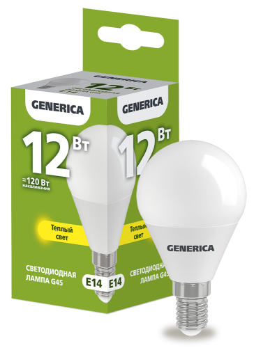 Лампа светодиодная G45 шар 12Вт 230В 3000К E14 GENERICA