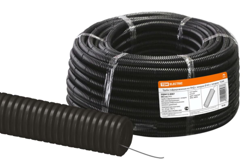 Труба гофрированная ПНД безгалогенная (HF) d 63 с зондом (15 м) легкая 350H черная TDM