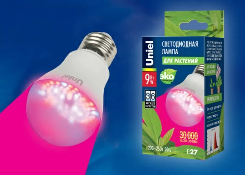 Лампа светодиодная LED-A60-10W/SPFR/E27/CL для растений. Фито Форма "А", прозрачная колба.