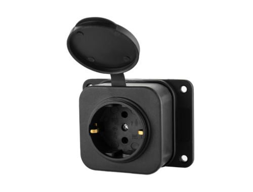 Розетка (колодка) одноместная с крышкой каучук 2P+PE 230V 16A IP54 черная (DYNEL)