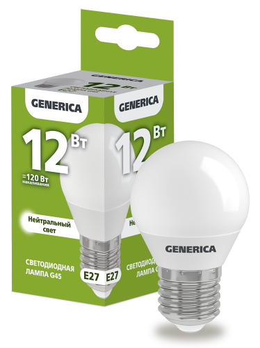 Лампа светодиодная G45 шар 12Вт 230В 4000К E27 GENERICA