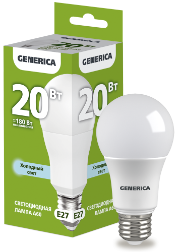 Лампа светодиодная A60 груша 20Вт 230В 6500К E27 GENERICA