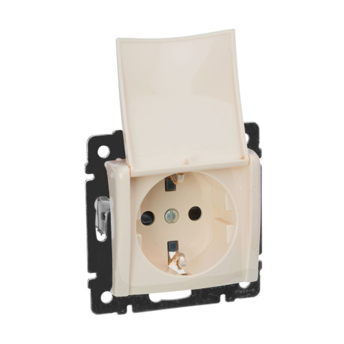 Розетка 1-местная с заземлением с защитными шторками и крышкой 16А IP20 слоновая кость VALENA