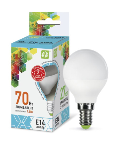 Лампа светодиодная LED-ШАР-standard 7.5Вт 230В Е14 4000К 675Лм  ASD