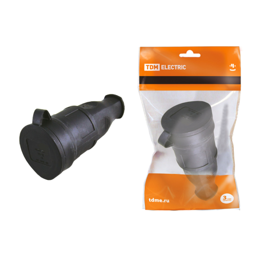 Розетка переносная с заглушкой каучук, 2Р+РЕ, 16А, 250В, IP44, черная TDM