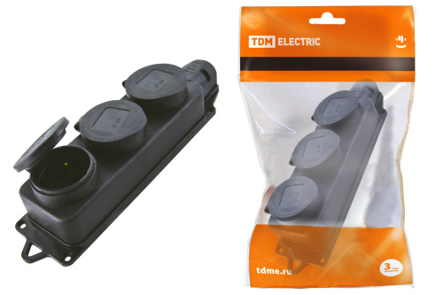 Розетка трехместная с заглушками каучук, 2Р+РЕ, 16А, 250В, IP44, черная TDM
