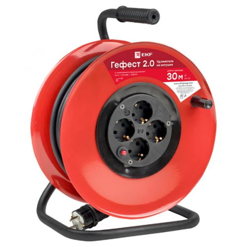 Удлинитель на катушке "Гефест 2.0" 4 гнезда 30м с заземлением и предохранителем КГхл 3*1,5 16А/3,5кВ
